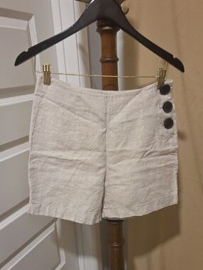 Boden High-Waist Cream Linen-Blend Shorts with Side Buttons